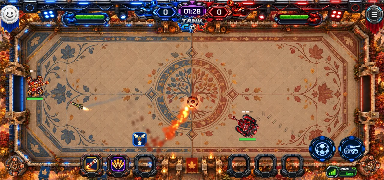 A TankGol match in the Season 1 Autumn stadium, 0–0 with 1:28 on the clock: the ball, on fire, flies through the centre circle trailing flames, a missile streaks toward a flame-armoured tank by the blue goal and a red tank waits on the right.