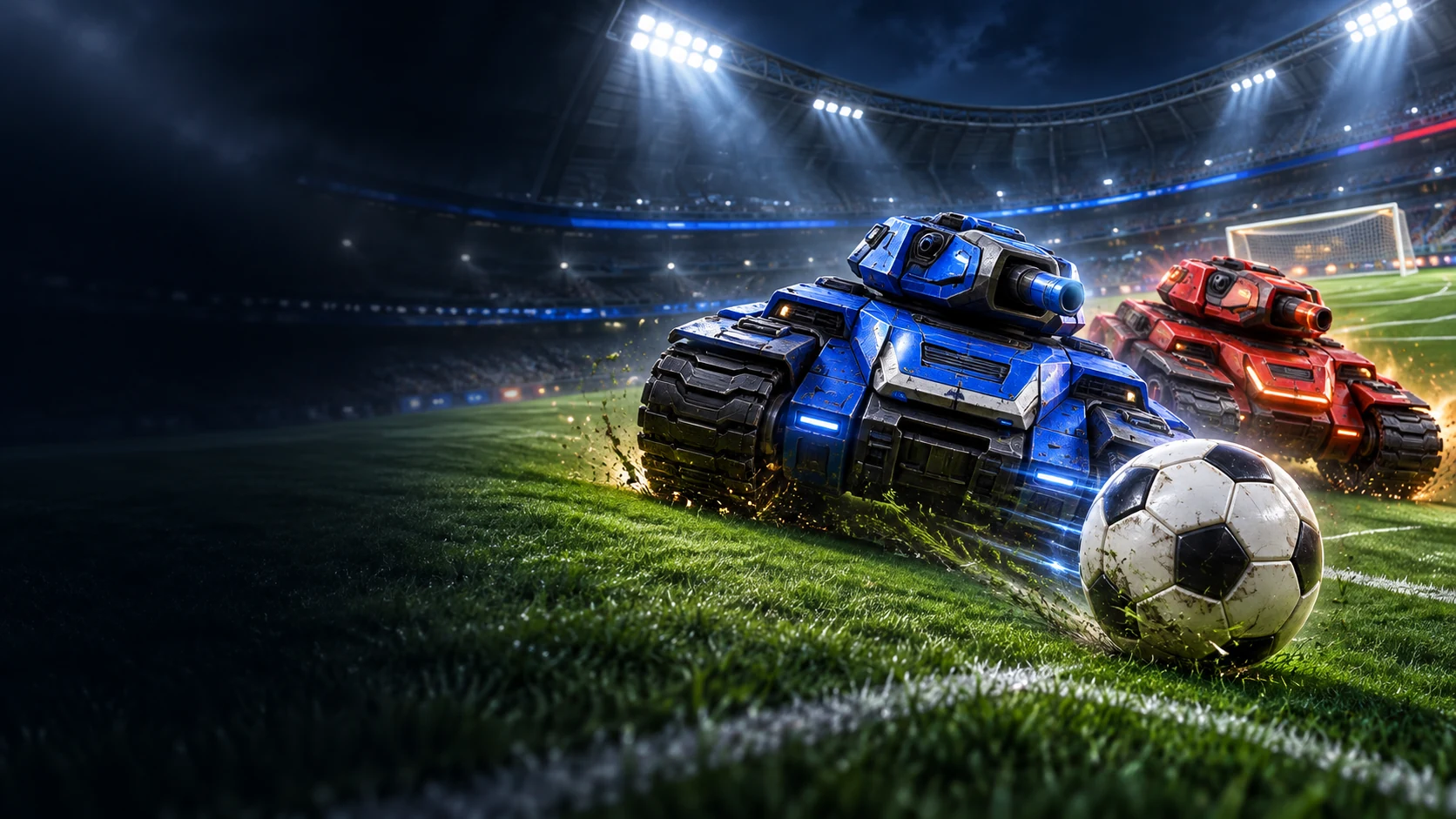 Blue and red tanks race for a football under stadium floodlights. TankGol promotional artwork.