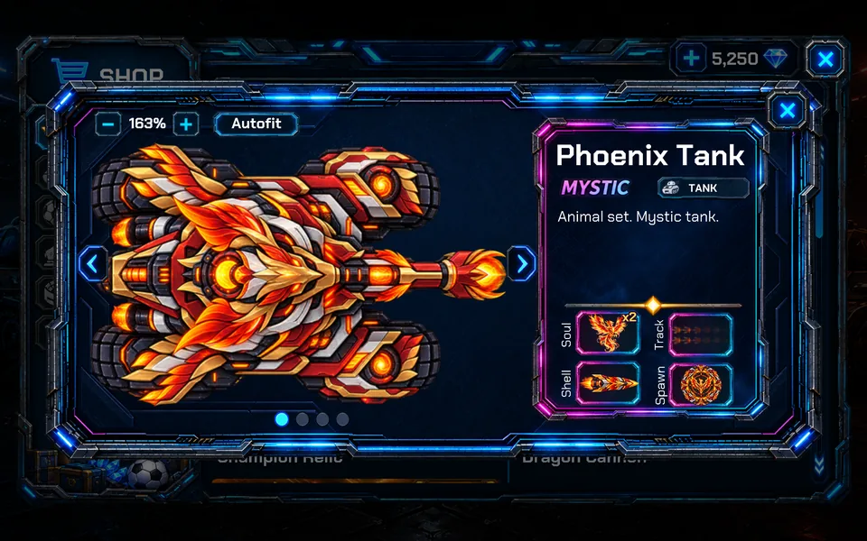Shop preview of the Phoenix Tank, a Mystic tank with fiery orange armour.